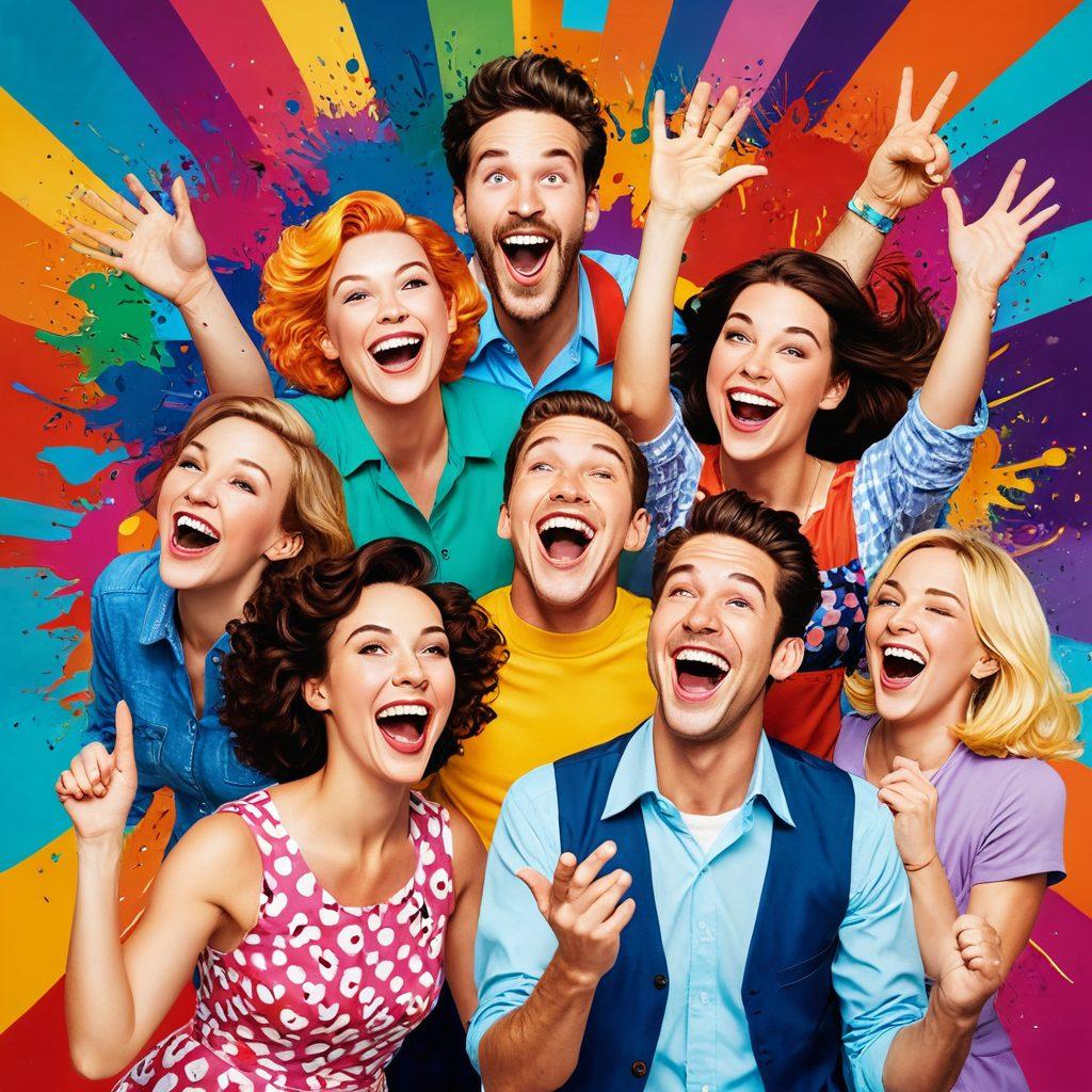 A whimsical collage featuring humorous moments from both feminine and masculine clips, showcasing laughing characters, comical expressions, and playful interactions. Incorporate vibrant colors and dynamic poses, highlighting the joy and fun in every frame. The background should be lively and filled with bursts of laughter and light-heartedness. cartoon style. bright and cheerful atmosphere.