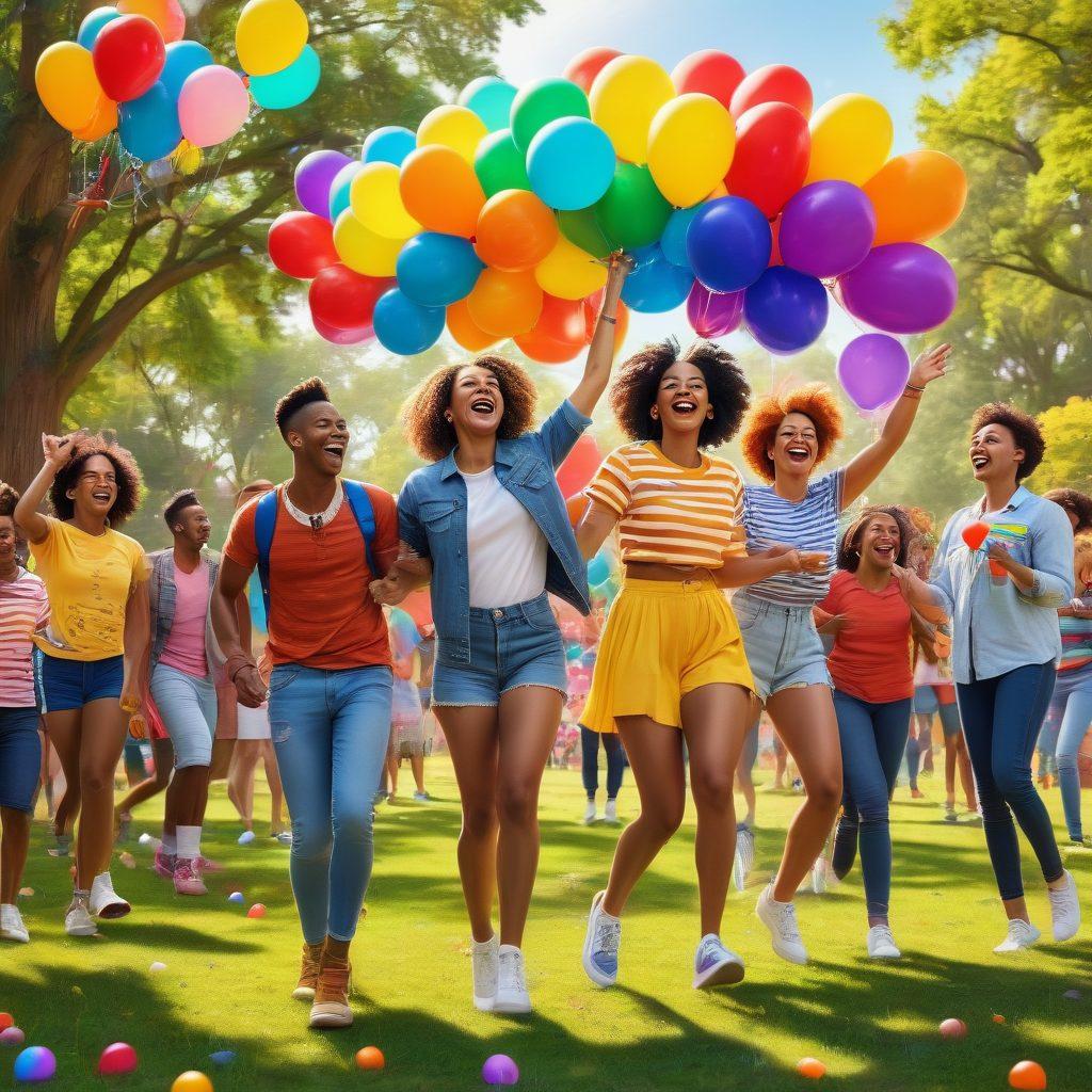 A collage of joyful LGBTQ characters laughing together, set in a vibrant park with colorful rainbow decorations and cheerful balloons in the background. Include scenes of various fun activities like dancing, picnics, and playful interactions, highlighting a sense of community and happiness. Bright colors should dominate the scene, creating an uplifting and inviting atmosphere. cartoon style. vibrant colors.