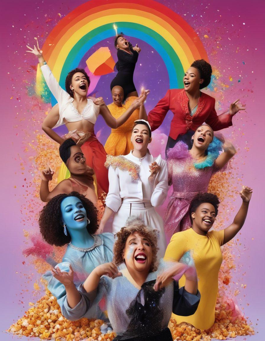 A vibrant collage showcasing diverse LGBTQ characters joyfully engaging in various forms of entertainment, like musical theater, stand-up comedy, and dance. The background features a bright rainbow gradient, emphasizing inclusivity and celebration. Add whimsical elements like confetti and popcorn to enhance the playful atmosphere. super-realistic. vibrant colors. white background.